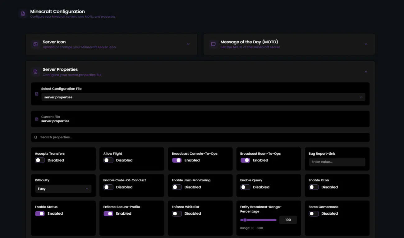 Minecraft server configuration panel showing server icon, MOTD, server properties, and settings.