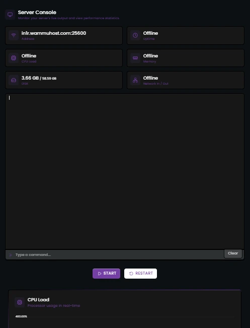 Mobile server console showing server status, console output, and performance details.